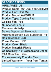 Targus AWE61US 16" Dual Fan Chill Mat - TAA Compliant - Cooling Pad