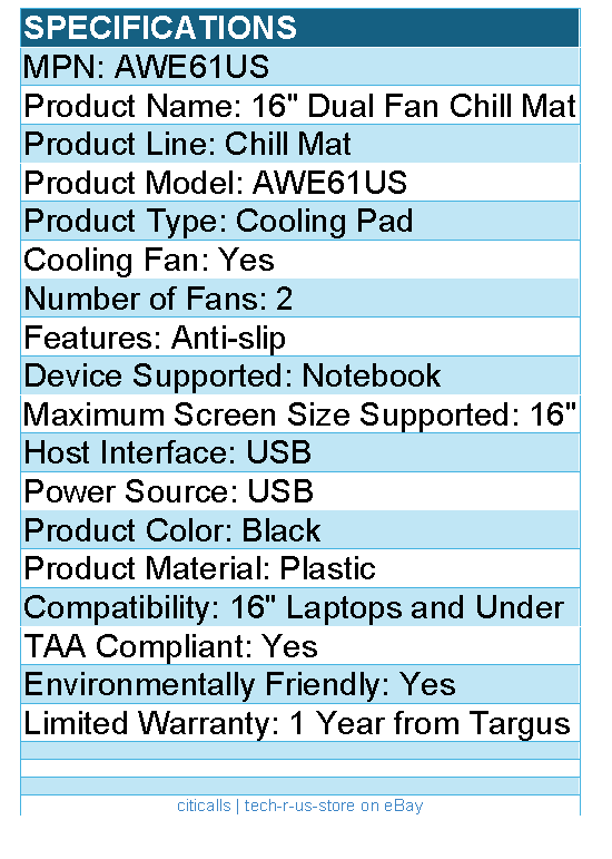 Targus AWE61US 16" Dual Fan Chill Mat - TAA Compliant - Cooling Pad