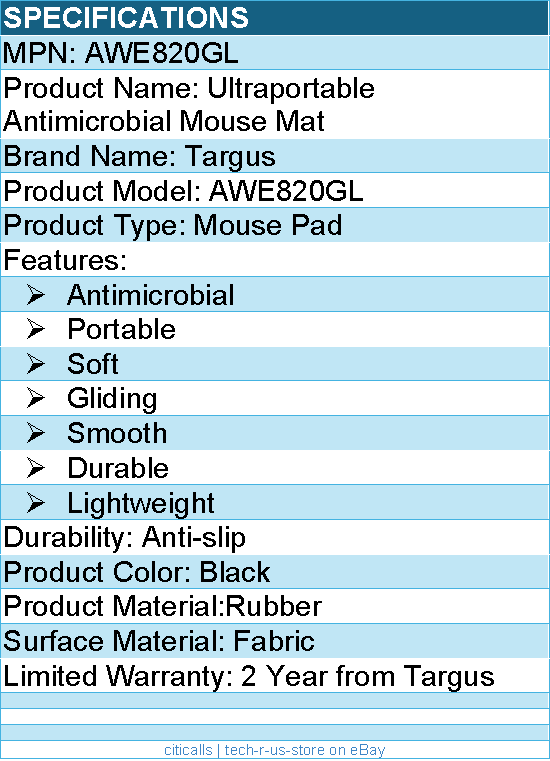 Targus AWE820GL Ultraportable Antimicrobial Mouse Mat  - Rubber - Black