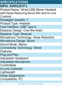 Aluratek AWHU01FJ Wired USB Stereo Headset with Noise Reducing Boom Mic