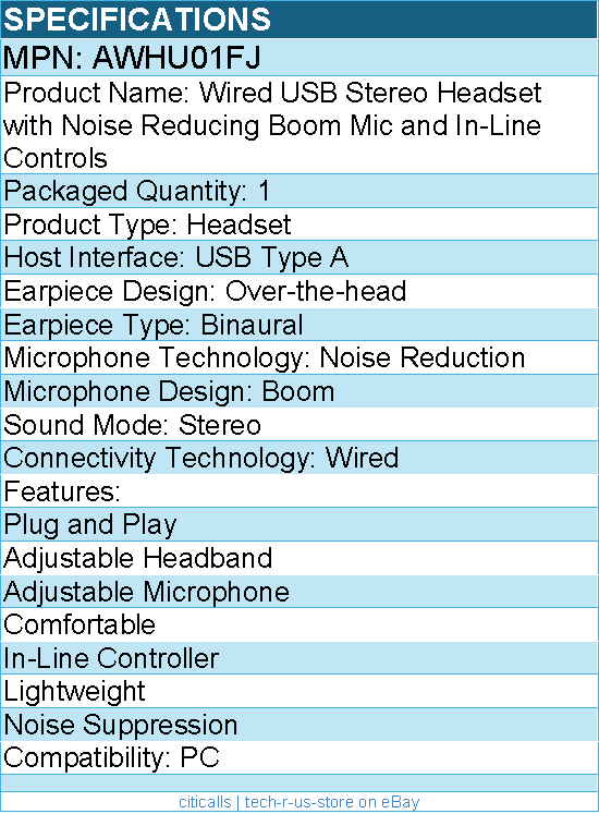 Aluratek AWHU01FJ Wired USB Stereo Headset with Noise Reducing Boom Mic