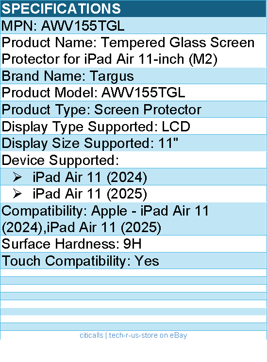 Targus AWV155TGL Tempered Glass Screen Protector for iPad Air 11-inch (M3, M2)