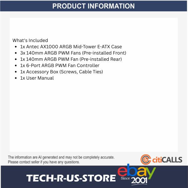 ANTEC AX1000 ARGB Mid Tower Desktop PC Case E-ATX USB-C 4x ARGB Fan 360mm Black