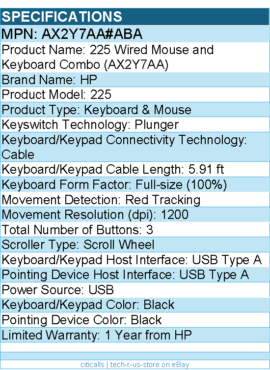 HP AX2Y7AA#ABA 225 Wired Mouse and Keyboard Combo (AX2Y7AA)