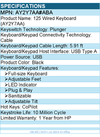 HP AY2Y7AA#ABA 125 Wired Keyboard (AY2Y7AA) - Cable Connectivity - Black