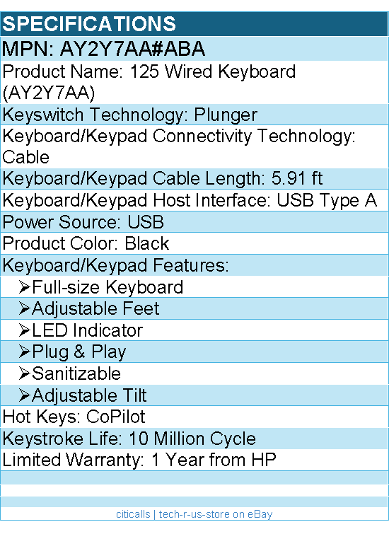 HP AY2Y7AA#ABA 125 Wired Keyboard (AY2Y7AA) - Cable Connectivity - Black