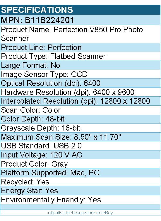 Epson B11B224201 Perfection V850 Pro Flatbed Scanner - 6400 dpi Optical