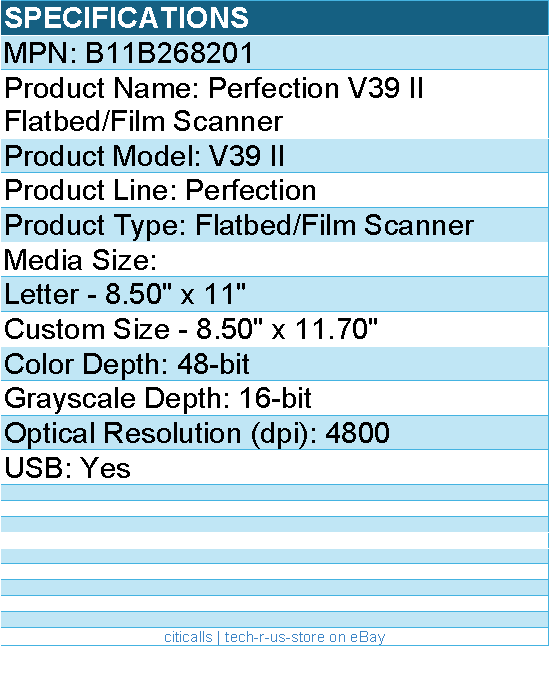 Epson B11B268201 Perfection V39 II Flatbed/Film Scanner - 4800 dpi Optical