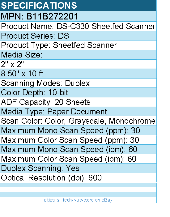 Epson B11B272201 DS-C330 Sheetfed Scanner - Duplex - Color, Monochrome