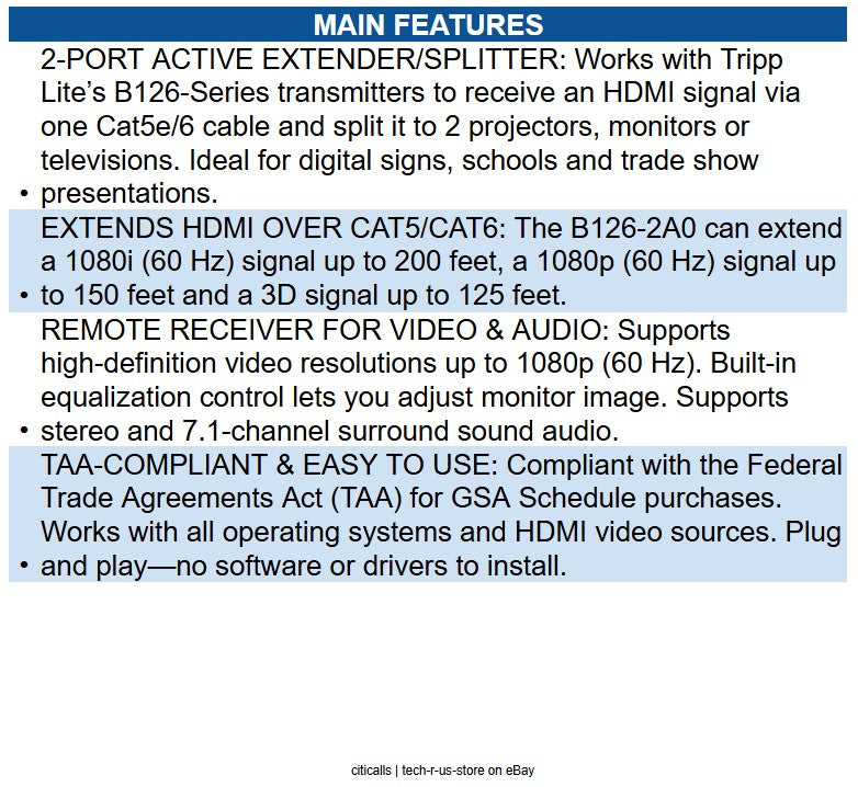Eaton B126-2A0 2-Port HD- over Cat5/Cat6 Active Extender/Splitter Remote Receivr