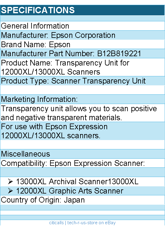 Epson B12B819221 Transparency Unit For Expression 12000XL-PH Photo Scanner