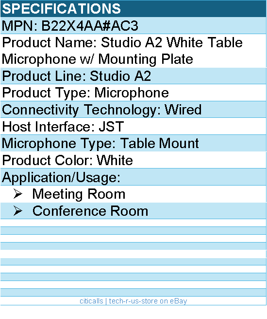 HP Poly B22X4AA#AC3 Studio A2 White Table Microphone w/ Mounting Plate I/O cable