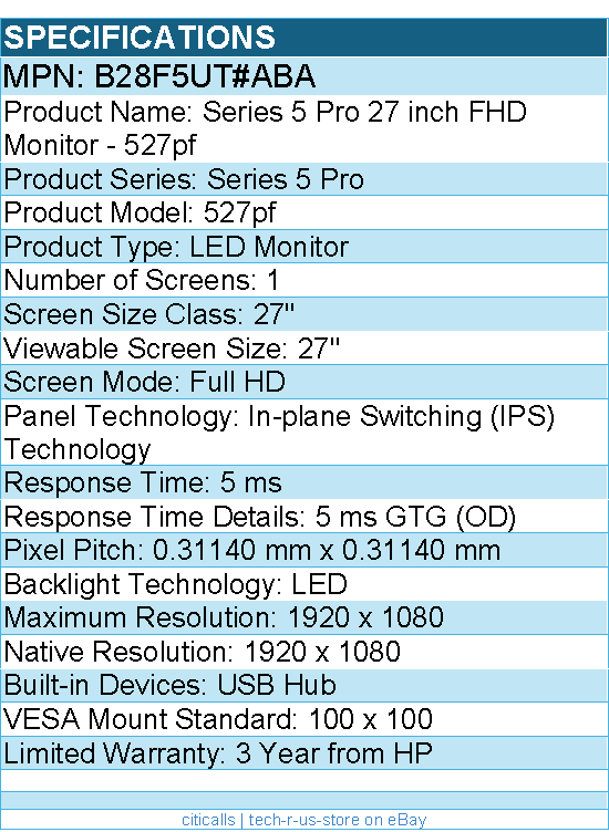 HP B28F5UT#ABA 527pf 27" Class Full HD LED Monitor - 27" Viewable