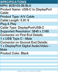 Belkin B2B103-06-BLK USB-C to DisplayPort Adapter Cable 4k 60Hz 6 foot - Black