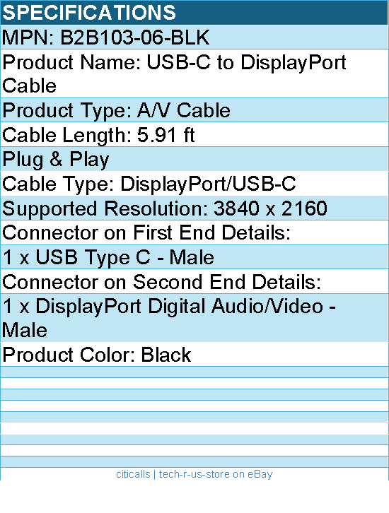 Belkin B2B103-06-BLK USB-C to DisplayPort Adapter Cable 4k 60Hz 6 foot - Black