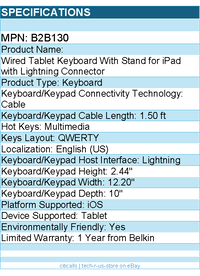 Belkin B2B130 Wired Tablet Keyboard With Stand for iPad with Lightning Connector
