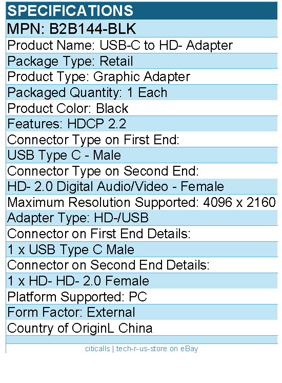 Belkin B2B144-BLK USB-C to Video Adapter Cable, 4k, - 4096 x 2160 Supported
