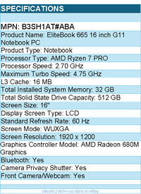 HP B3SH1AT#ABA EliteBook 665 G11 16" Notebook - WUXGA - AMD Ryzen 7 PRO 7735U