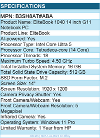 HP B3SH8AT#ABA EliteBook 1040 G11 14" Notebook - WUXGA - Intel Core Ultra 5 125H