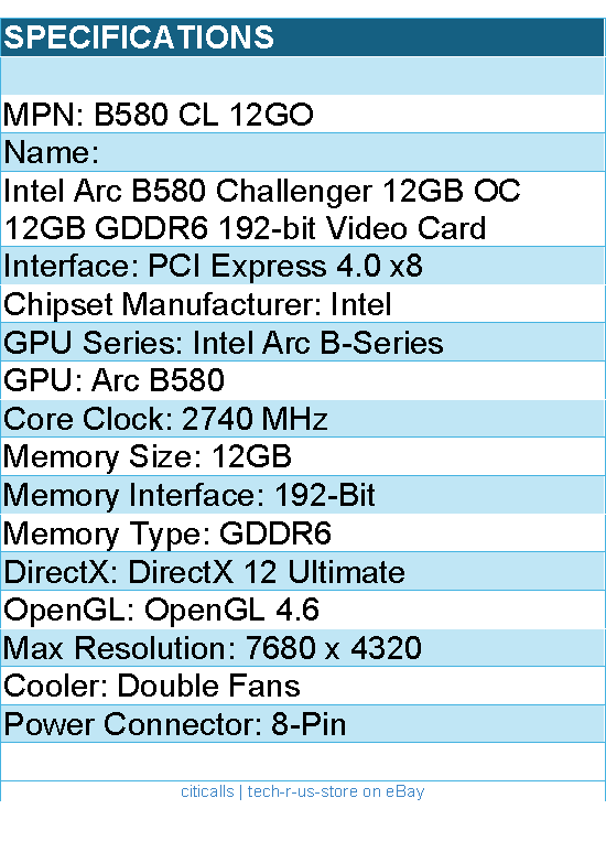 ASRock B580 CL 12GO Intel Arc B580 Challenger 12GB OC 12GB GDDR6 Video Card