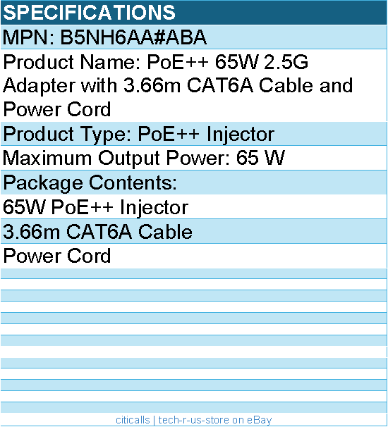 Hp Poly B5NH6AA#ABA PoE++ 65W 2.5G Adapter with 3.66m CAT6A Cable and Power Cord