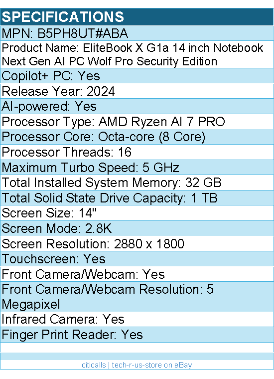 HP B5PH8UT#ABA EliteBook X G1a 14 inch Notebook Next Gen AI PC Wolf Pro