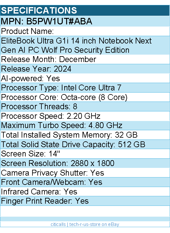 HP B5PW1UT#ABA EliteBook Ultra G1i 14 inch Notebook Next Gen AI PC Wolf Pro