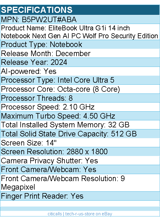 HP B5PW2UT#ABA EliteBook Ultra G1i 14 inch Notebook Next Gen AI PC Wolf Pro