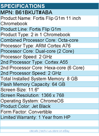 HP B61BKUT#ABA Fortis Flip G1m 11.6" Touchscreen Convertible 2 in 1 Chromebook