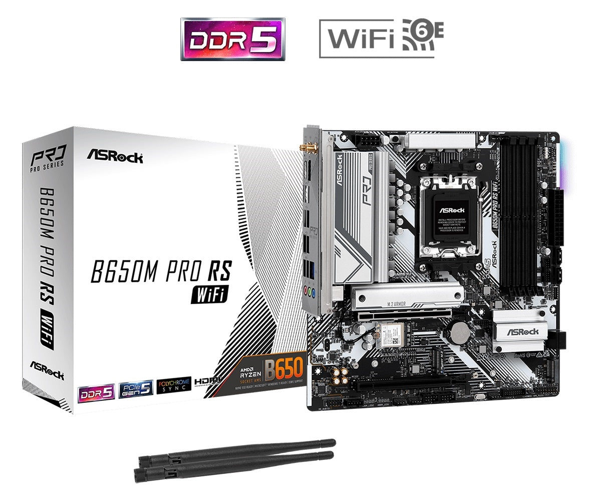 ASRock B650M Pro RS WiFi Motherboard - AMD B650 AM5 Max128GB DDR5 PCIe Micro ATX