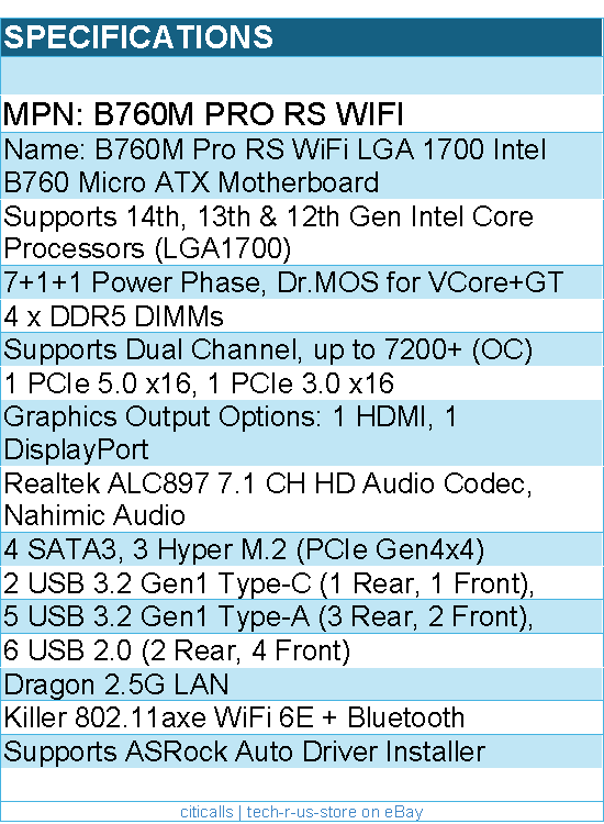 ASRock B760M PRO RS WIFI Motherboard - B760 LGA1700 Max256GB DDR5 Micro ATX