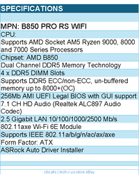 ASRock B850 Pro RS WiFi Motherboard - AMD B850 AM5 Max256GB DDR5 ATX Retail