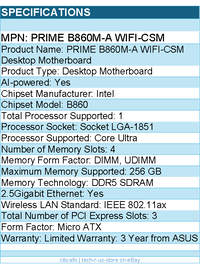 ASUS Prime B860M-A WIFI-CSM Desktop Motherboard - Intel B860 Chipset
