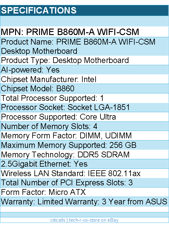 ASUS Prime B860M-A WIFI-CSM Desktop Motherboard - Intel B860 Chipset