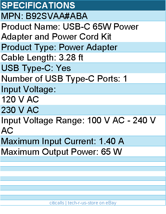 HP Poly B92SVAA#ABA USB-C 65W Power Adapter and Power Cord Kit