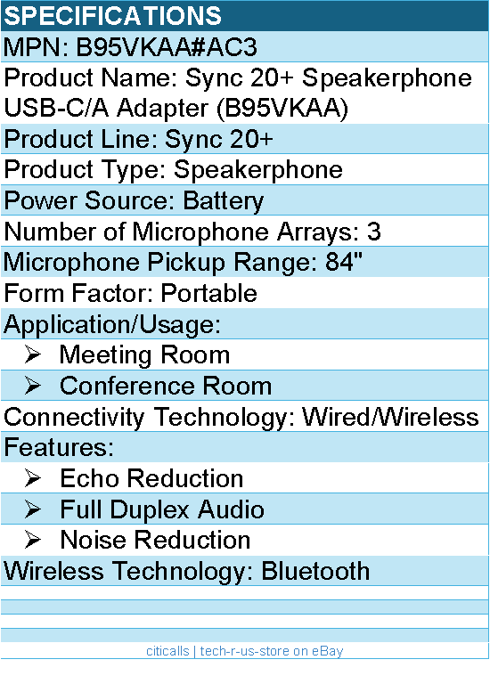 HP Poly B95VKAA#AC3 Poly Sync 20+ Speakerphone USB-C/A Adapter