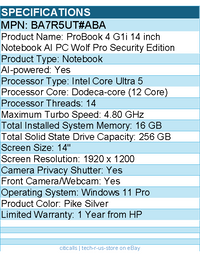 HP BA7R5UT#ABA ProBook 4 G1i 14" Notebook - WUXGA - 60 Hz - Intel Core Ultra 5