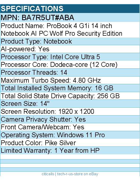 HP BA7R5UT#ABA ProBook 4 G1i 14" Notebook - WUXGA - 60 Hz - Intel Core Ultra 5