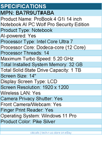 HP BA7R9UT#ABA ProBook 4 G1i 14" Notebook - WUXGA - 60 Hz - Intel Core Ultra 7