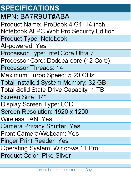 HP BA7R9UT#ABA ProBook 4 G1i 14" Notebook - WUXGA - 60 Hz - Intel Core Ultra 7