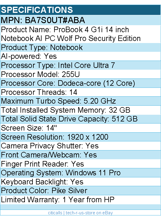 HP BA7S0UT#ABA ProBook 4 G1i 14" Notebook - WUXGA - 60 Hz - Intel Core Ultra 7