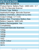 Honeywell BAT-SCN01A Battery Pack -  2400 mAh - 3.7 V DC For Barcode Scanner