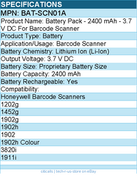 Honeywell BAT-SCN01A Battery Pack -  2400 mAh - 3.7 V DC For Barcode Scanner