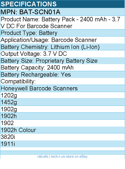 Honeywell BAT-SCN01A Battery Pack -  2400 mAh - 3.7 V DC For Barcode Scanner