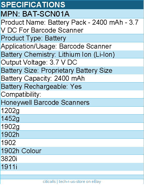 Honeywell BAT-SCN01A Battery Pack -  2400 mAh - 3.7 V DC For Barcode Scanner