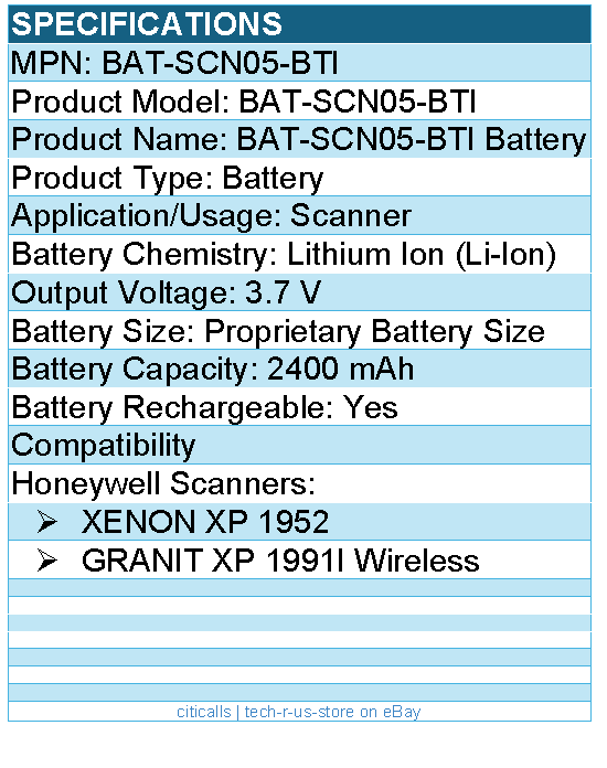 BTI BAT-SCN05-BTI 3.7V 2400MAH Li-ION SCANNER BATTERY FOR HONEYWELL