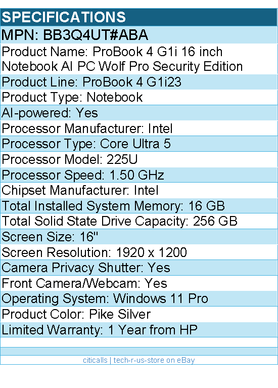 HP BB3Q4UT#ABA ProBook 4 G1i 16" Notebook - WUXGA - 60 Hz - Intel Core Ultra 5