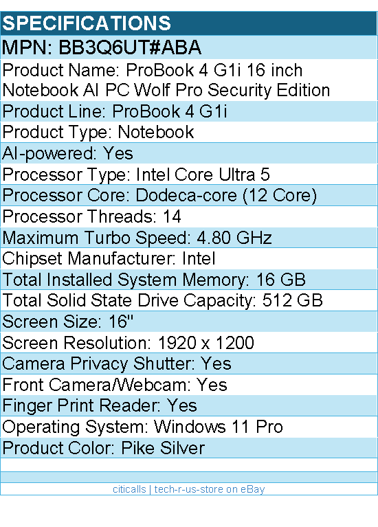 HP BB3Q6UT#ABA ProBook 4 G1i 16" Notebook - WUXGA - 60 Hz - Intel Core Ultra 5