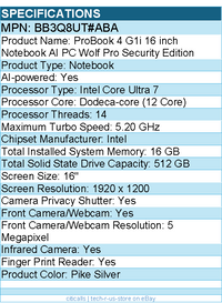 HP BB3Q8UT#ABA ProBook 4 G1i 16" Touchscreen Notebook - Intel Core Ultra 7 255U