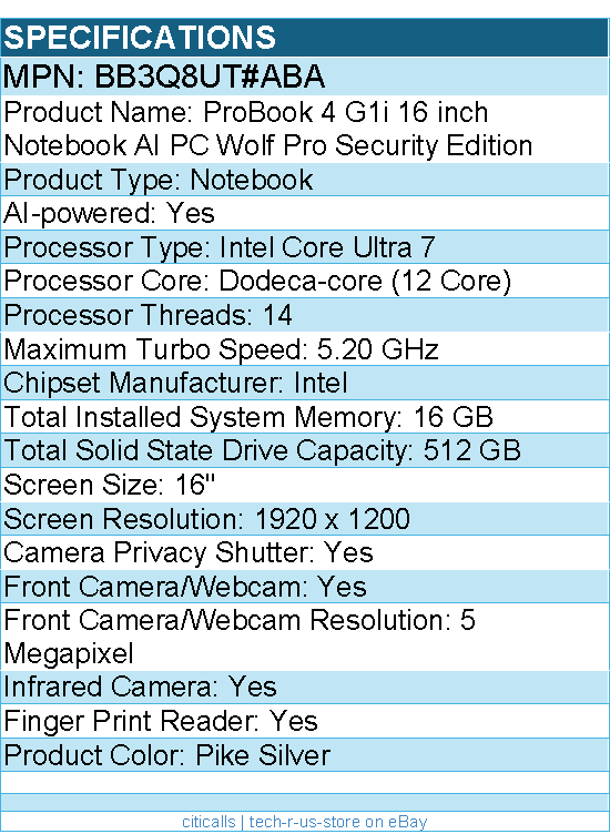 HP BB3Q8UT#ABA ProBook 4 G1i 16" Touchscreen Notebook - Intel Core Ultra 7 255U